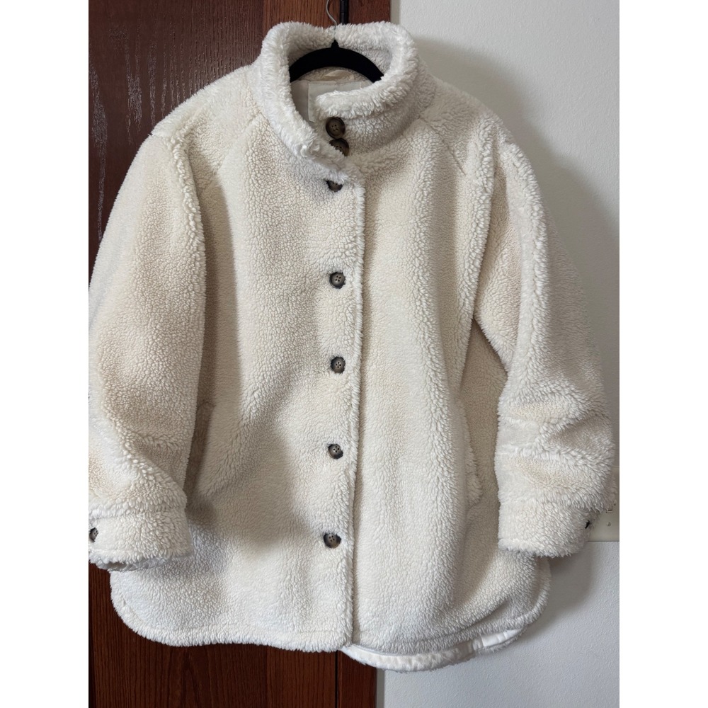 Coldwater Creek Cream Sherpa Faux Fur Button Front Jacket PXL Ivory Teddy Coat
